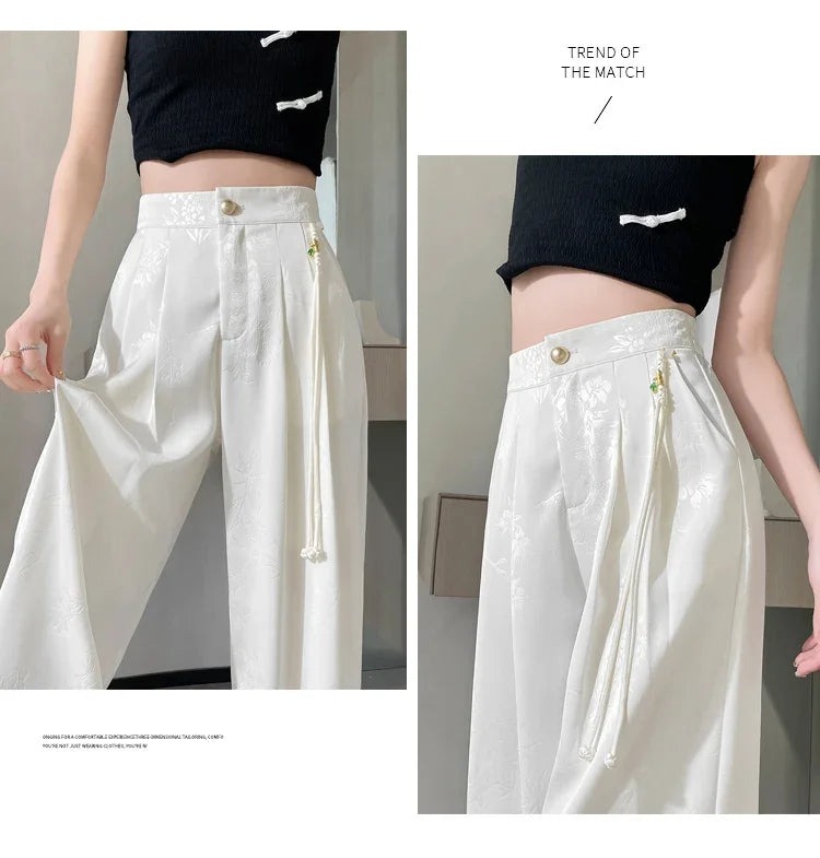 Chinese Style Jacquard Wide Leg Satin Pants – Women